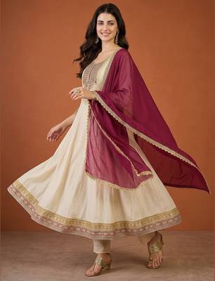 Women's Beautiful Embroidery Work Vichitra Silk Fabric Flared Anarkali Pant and Dupatta Set 3