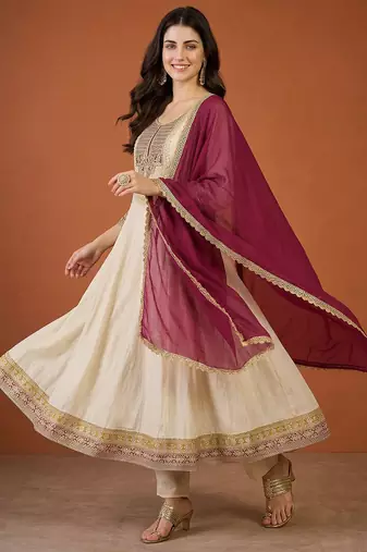 Women's Beautiful Embroidery Work Vichitra Silk Fabric Flared Anarkali Pant and Dupatta Set