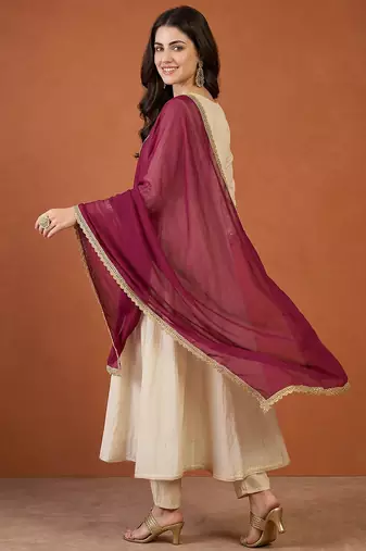 Women's Beautiful Embroidery Work Vichitra Silk Fabric Flared Anarkali Pant and Dupatta Set