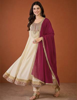 Women's Beautiful Embroidery Work Vichitra Silk Fabric Flared Anarkali Pant and Dupatta Set 5