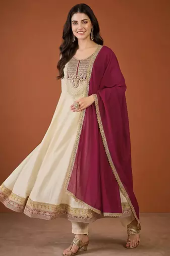 Women's Beautiful Embroidery Work Vichitra Silk Fabric Flared Anarkali Pant and Dupatta Set