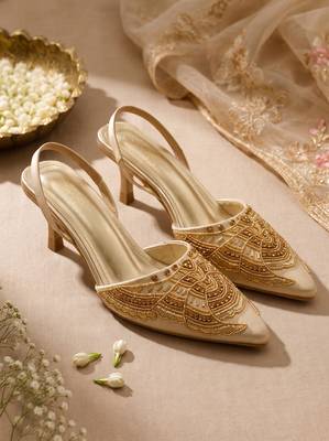 gold embroidered pointed toe kitten heels 1