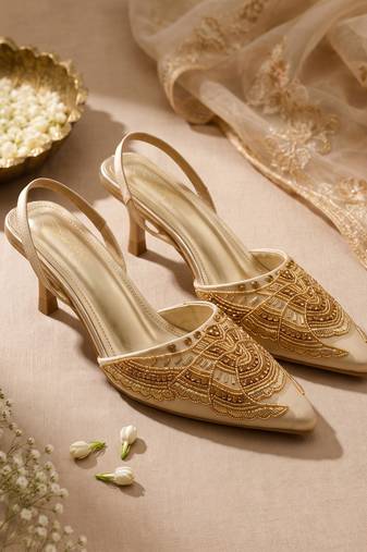 gold embroidered pointed toe kitten heels