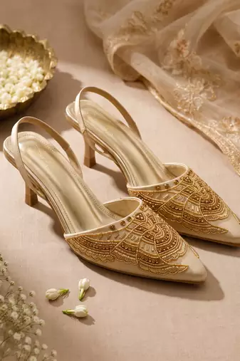 gold embroidered pointed toe kitten heels