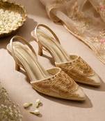 gold embroidered pointed toe kitten heels
