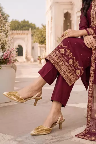 gold embroidered pointed toe kitten heels