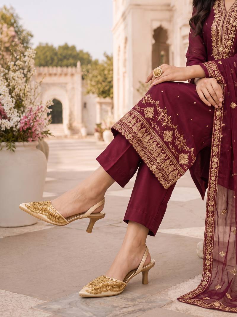 gold embroidered pointed toe kitten heels