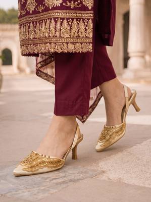 gold embroidered pointed toe kitten heels 3