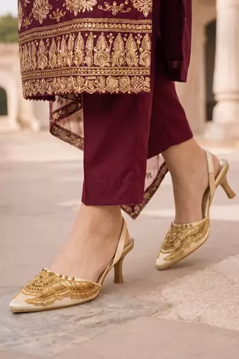 gold embroidered pointed toe kitten heels