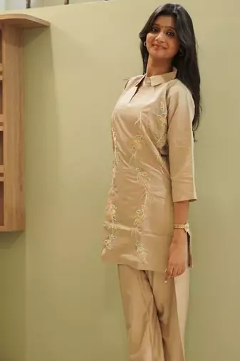 Beige Cotton Silk Embroidered Kurti with Matching Wide-Leg Pants Set