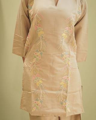 Beige Cotton Silk Embroidered Kurti with Matching Wide-Leg Pants Set 3