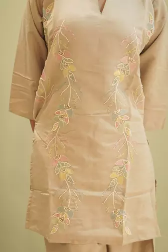 Beige Cotton Silk Embroidered Kurti with Matching Wide-Leg Pants Set