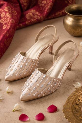 rose gold pearl embellished kitten heels
