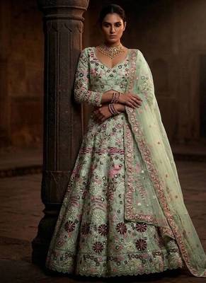 light green color Coding Sequins Work With Cancan net Lehenga Choli set 1