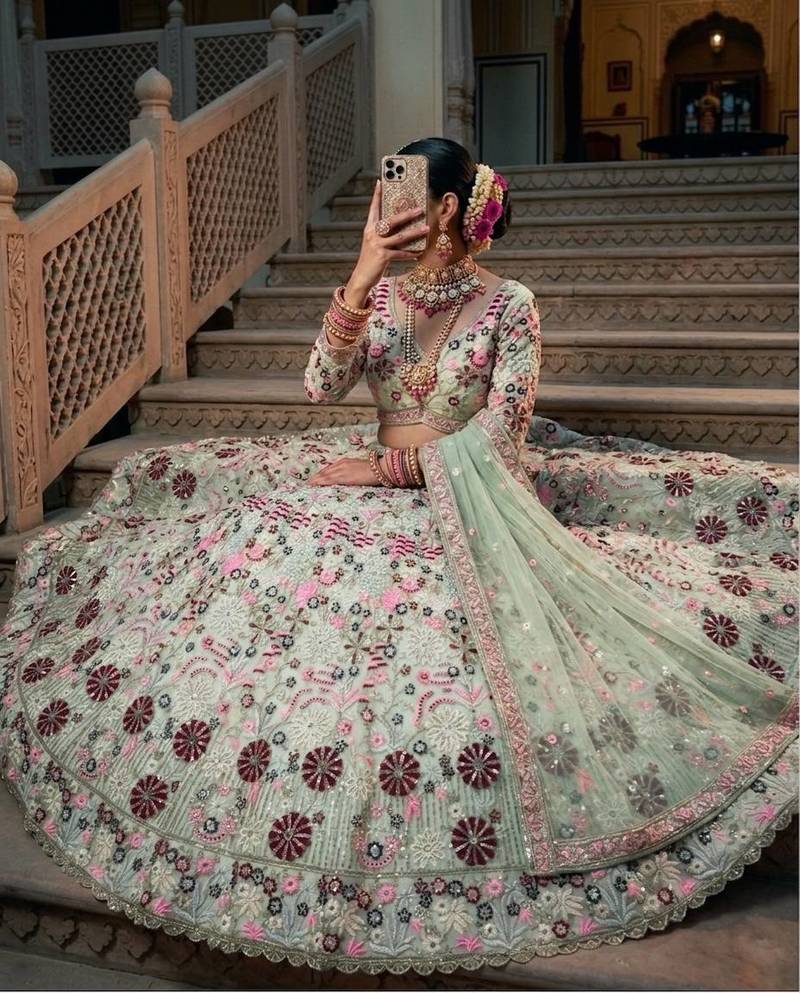 light green color Coding Sequins Work With Cancan net Lehenga Choli set