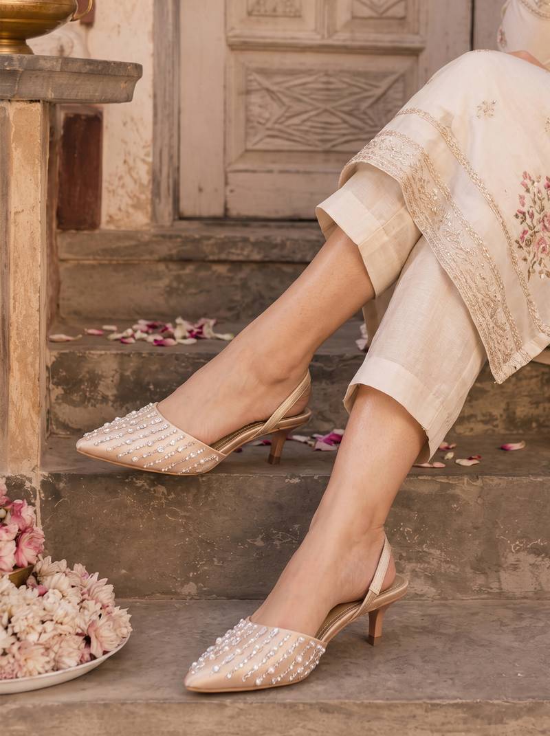 rose gold pearl embellished kitten heels