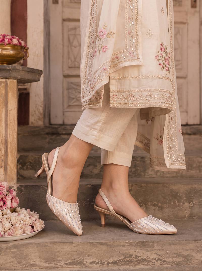 rose gold pearl embellished kitten heels