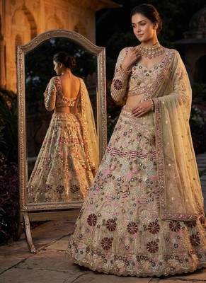  cream color Coding Sequins Work With Cancan net Lehenga Choli set 1