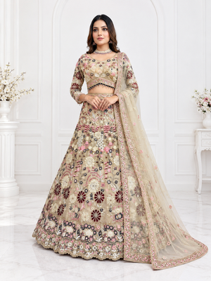  cream color Coding Sequins Work With Cancan net Lehenga Choli set 1