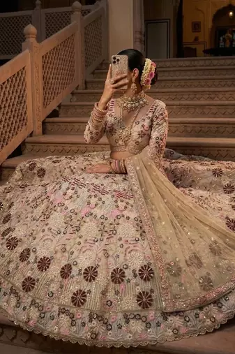  cream color Coding Sequins Work With Cancan net Lehenga Choli set