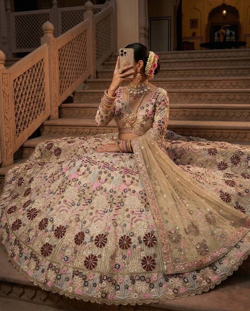  cream color Coding Sequins Work With Cancan net Lehenga Choli set