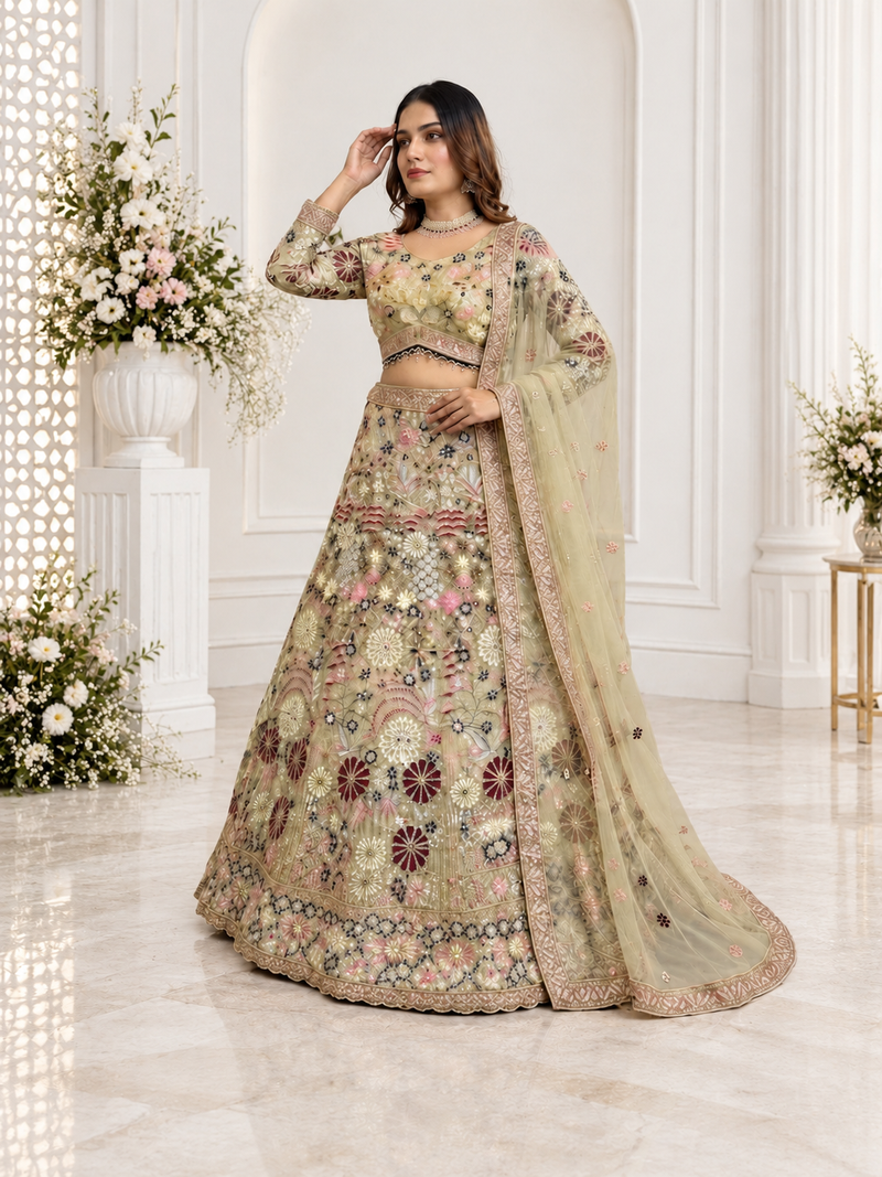  cream color Coding Sequins Work With Cancan net Lehenga Choli set