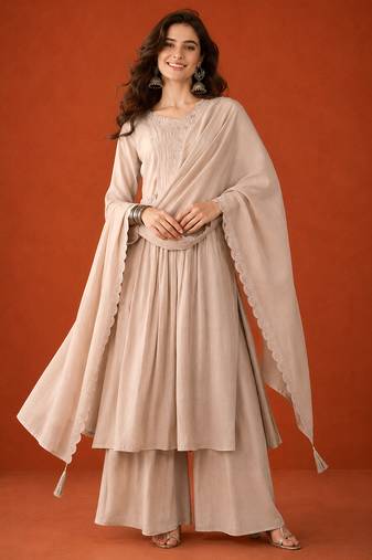 Embroidery Silk Fabric Straight Kurta Palazzo and Dupatta Set