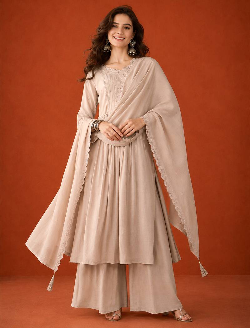 Embroidery Silk Fabric Straight Kurta Palazzo and Dupatta Set