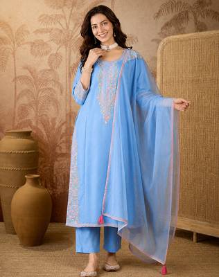 Women's Gorgeous Embroidery Viscose Silk Fabric Straight Kurta Pant and Dupatta Set 1