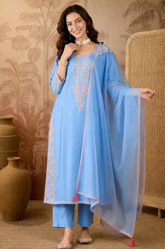 Women's Gorgeous Embroidery Viscose Silk Fabric Straight Kurta Pant and Dupatta Set