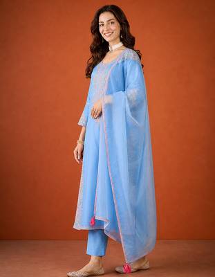 Women's Gorgeous Embroidery Viscose Silk Fabric Straight Kurta Pant and Dupatta Set 3