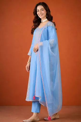 Women's Gorgeous Embroidery Viscose Silk Fabric Straight Kurta Pant and Dupatta Set