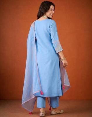 Women's Gorgeous Embroidery Viscose Silk Fabric Straight Kurta Pant and Dupatta Set 4