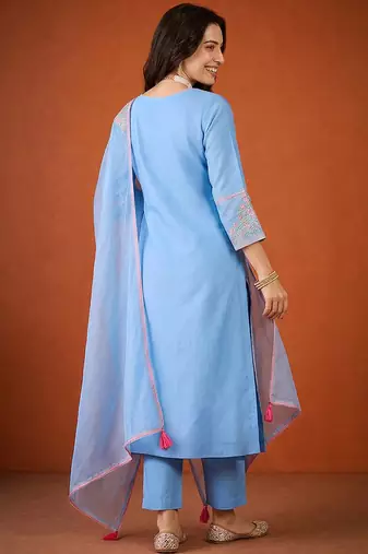 Women's Gorgeous Embroidery Viscose Silk Fabric Straight Kurta Pant and Dupatta Set
