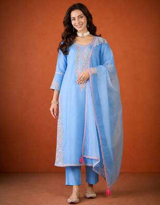 Women's Gorgeous Embroidery Viscose Silk Fabric Straight Kurta Pant and Dupatta Set 5