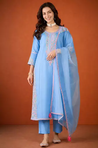 Women's Gorgeous Embroidery Viscose Silk Fabric Straight Kurta Pant and Dupatta Set