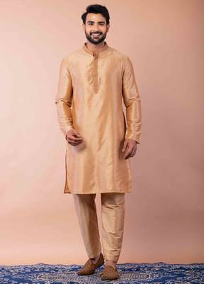 beige dupion kurta pyjama set for men with printed design 1