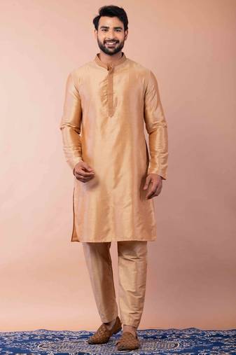beige dupion kurta pyjama set for men with printed design
