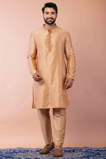beige dupion kurta pyjama set for men with printed design