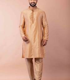 beige dupion kurta pyjama set for men with printed design