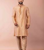 beige dupion kurta pyjama set for men with printed design
