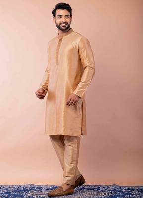 beige dupion kurta pyjama set for men with printed design 2