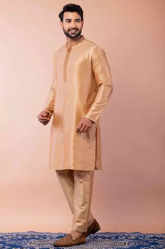 beige dupion kurta pyjama set for men with printed design