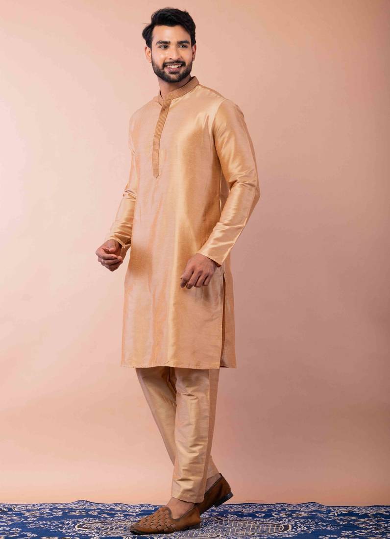 beige dupion kurta pyjama set for men with printed design