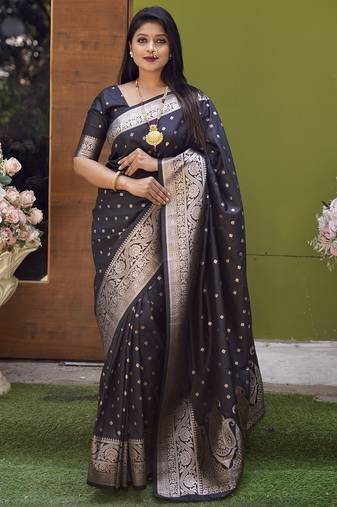 Black soft banarasi silk blend  saree with self weaving design zari weaving pallu and blouse