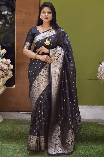 Black soft banarasi silk blend  saree with self weaving design zari weaving pallu and blouse