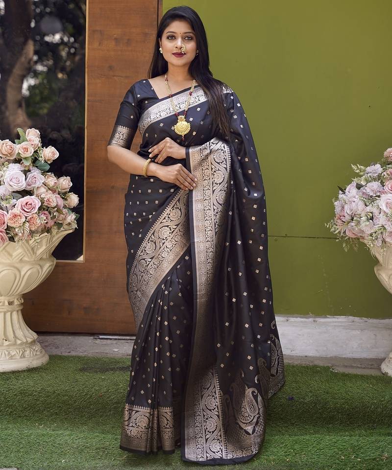 Black soft banarasi silk blend  saree with self weaving design zari weaving pallu and blouse
