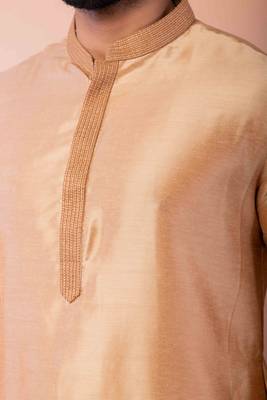 beige dupion kurta pyjama set for men with printed design 3
