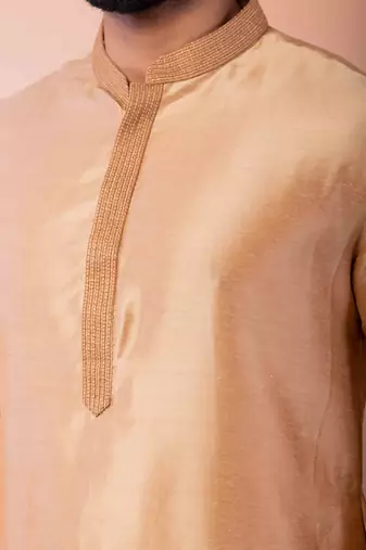 beige dupion kurta pyjama set for men with printed design