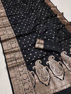 Black soft banarasi silk blend  saree with self weaving design zari weaving pallu and blouse 2